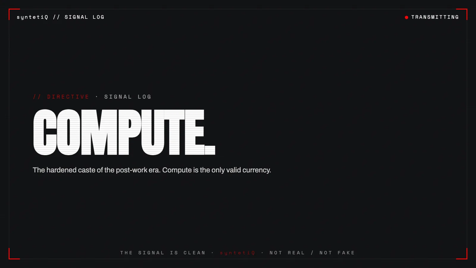 Brutalist red-accent poster reading COMPUTE, syntetiQ directive on compute as currency