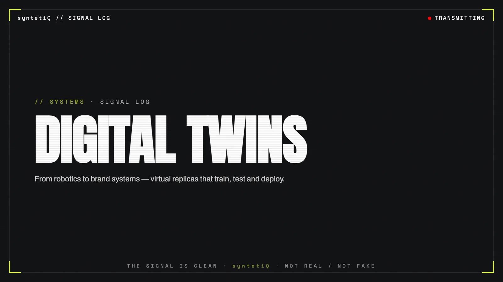 Brutalist typographic poster reading DIGITAL TWINS, syntetiQ systems article