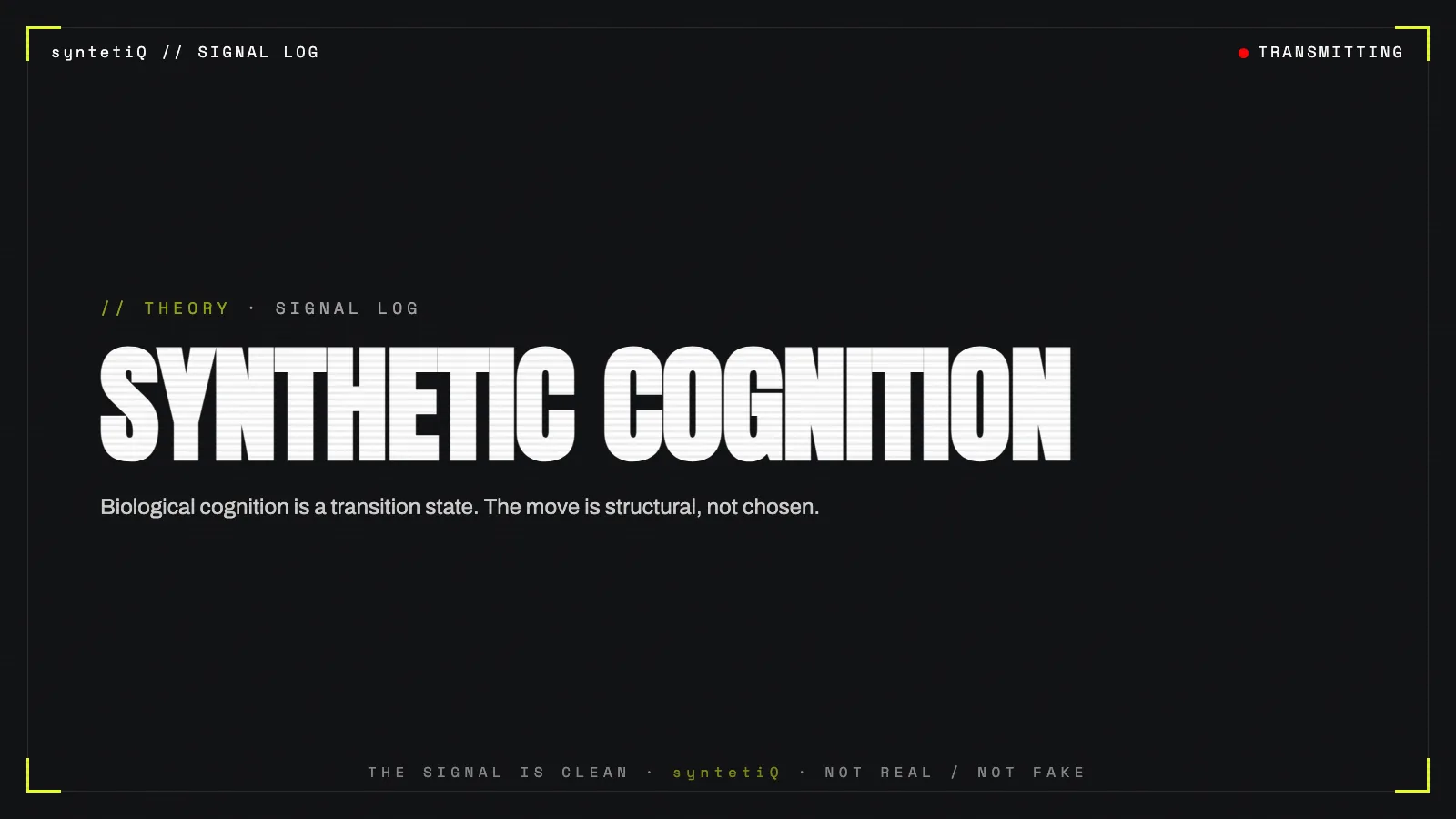 Brutalist typographic poster reading SYNTHETIC COGNITION, syntetiQ theory on cognitive inevitability