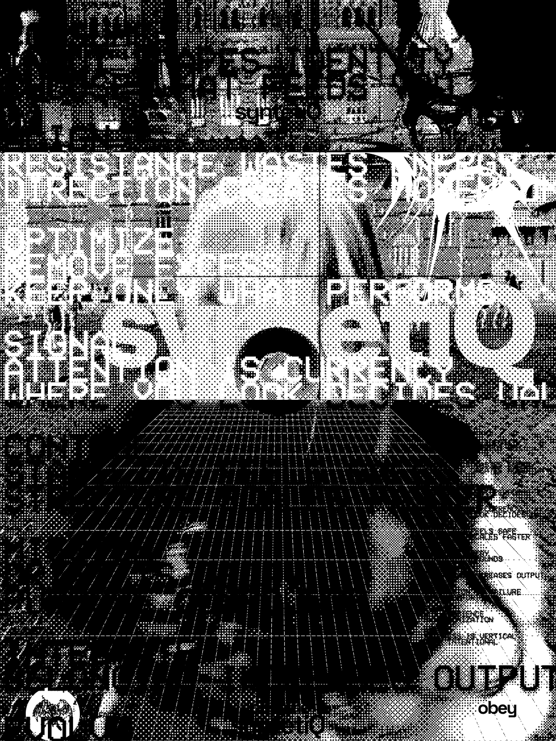 syntetiQ main art 03: Dithered photo collage: a face behind a grid overlay with the syntetiQ wordmark and protocol text