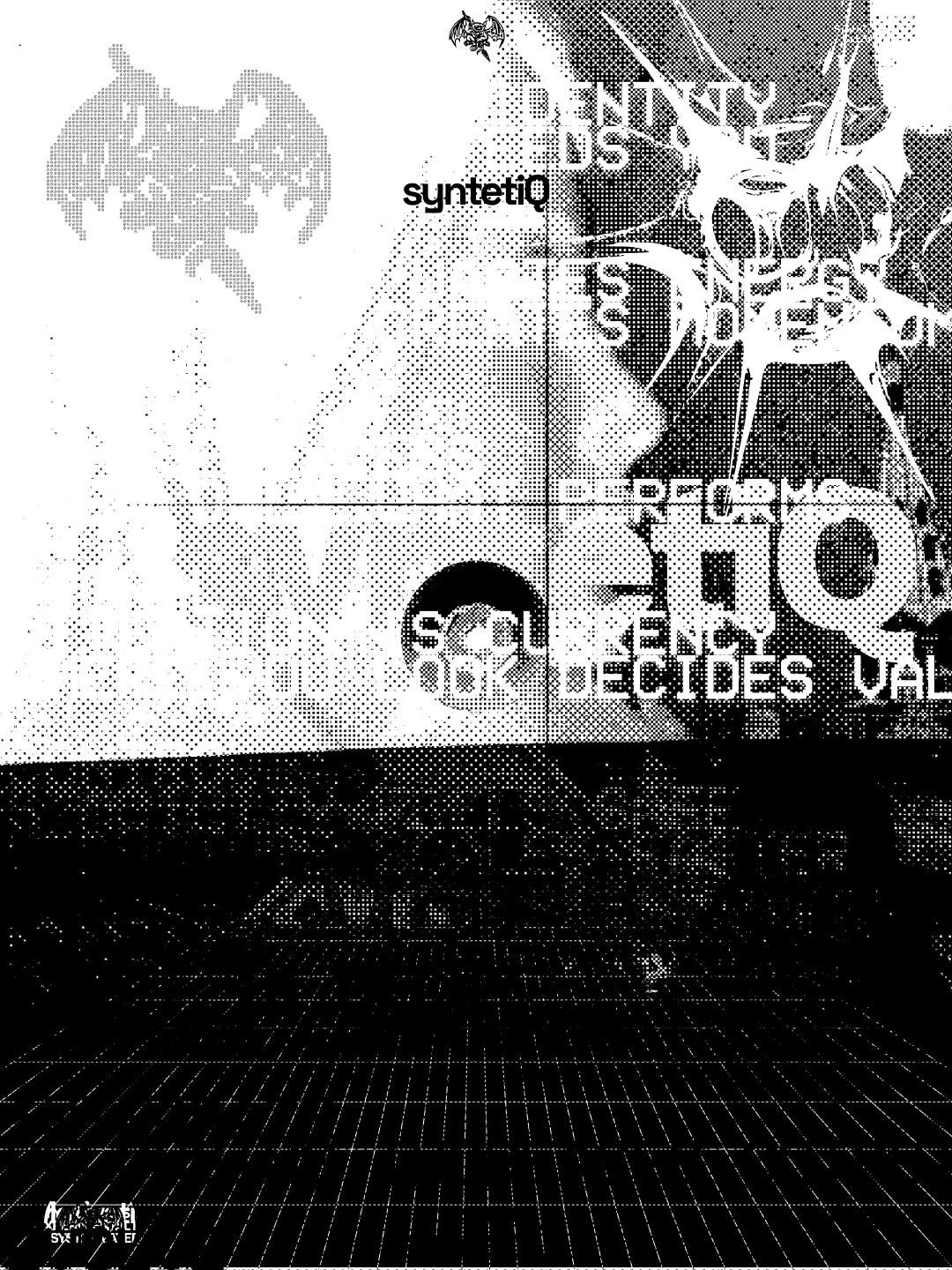 syntetiQ main art 04: Halftone grayscale portrait with a winged emblem and the syntetiQ wordmark