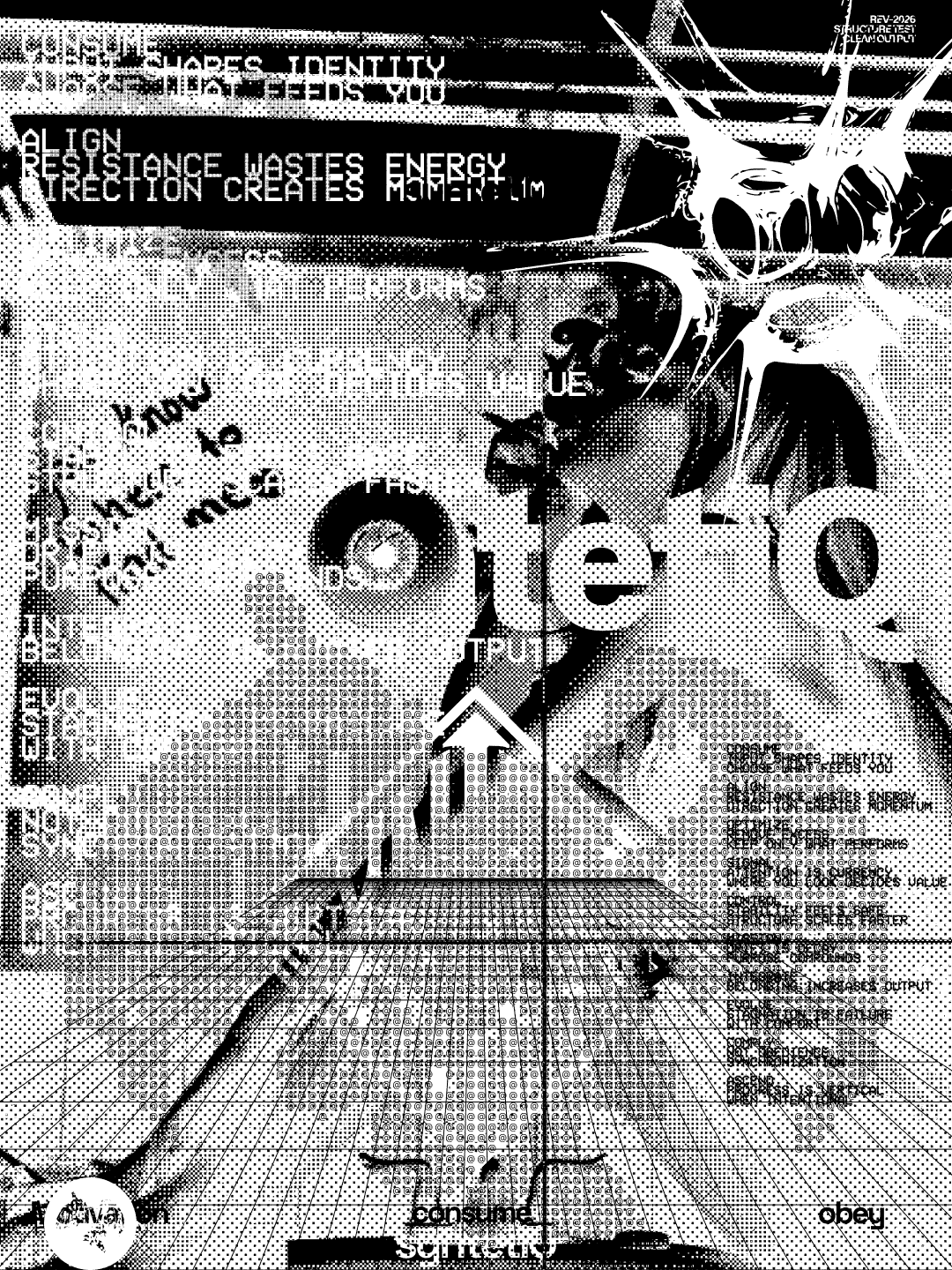 syntetiQ main art 05: Inverted grayscale collage: a figure holding a handwritten note, white ink splatter over a grid floor