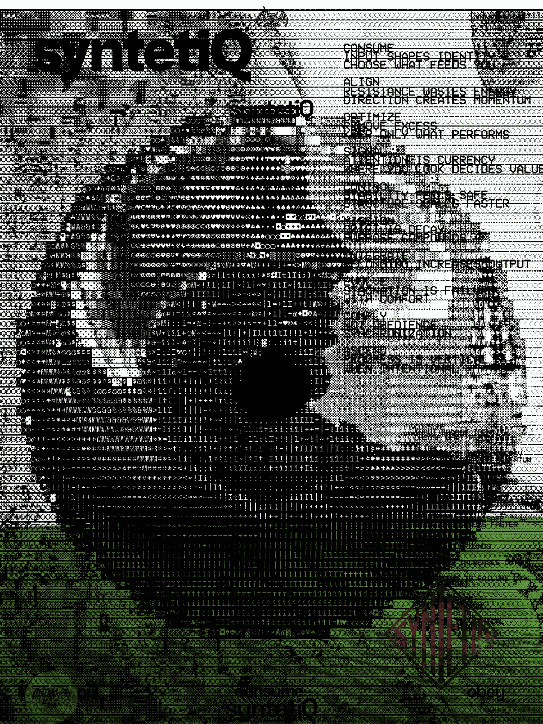 syntetiQ main art 06: Close-up of a halftone eye in black and green under the syntetiQ wordmark