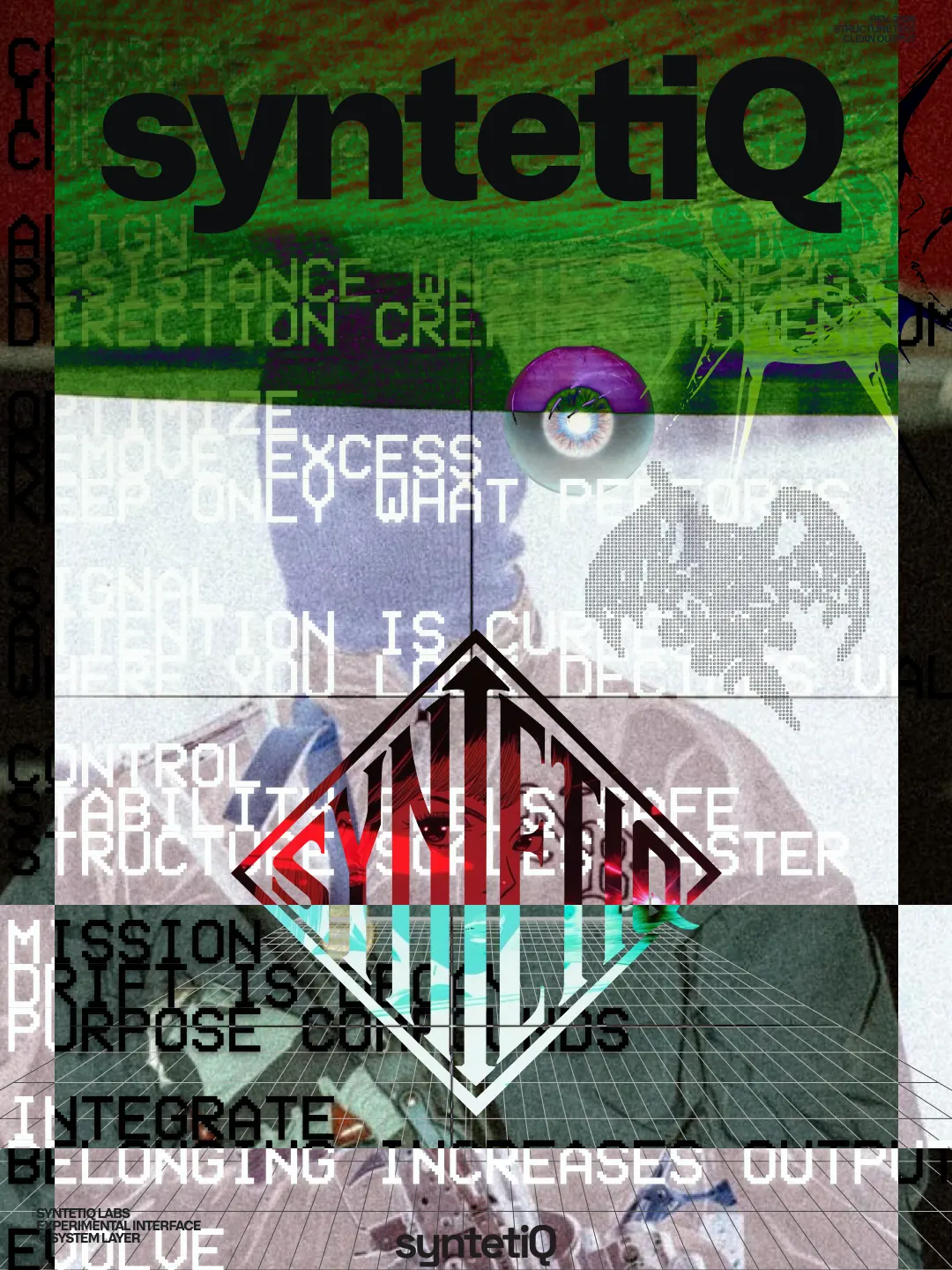 syntetiQ main art 07: Green glitch collage: the syntetiQ wordmark and diamond emblem over layered protocol text