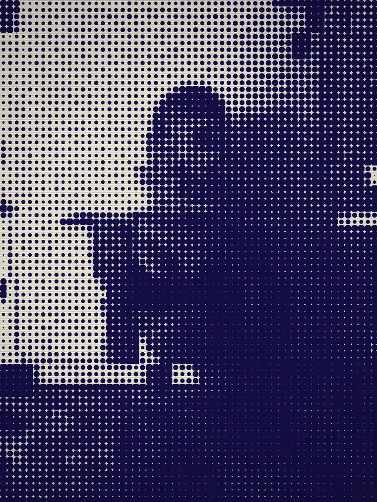 mimic. photo filter sample: a portrait turned into a navy halftone dot pattern