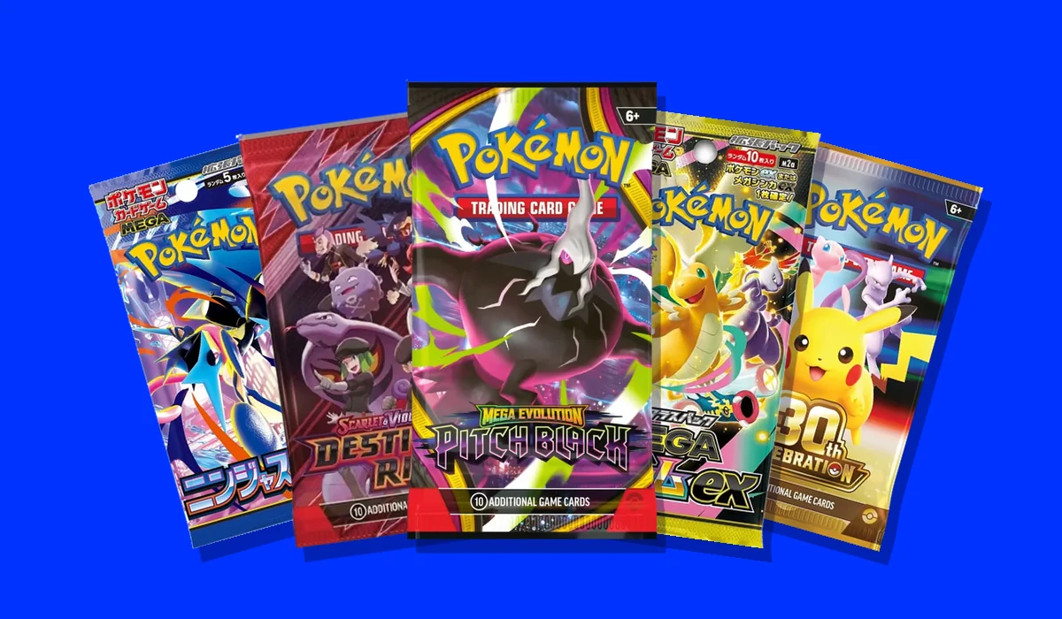 Pack Hunter: a fan of Pokémon booster packs on a blue background