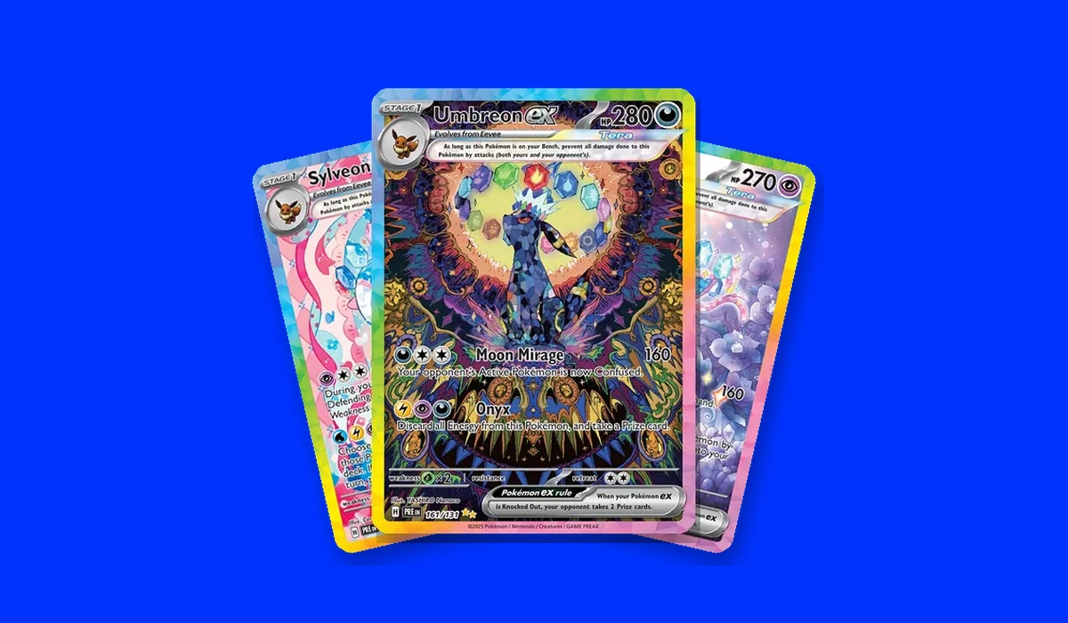 Pack Opener: Umbreon ex and two more pulled Pokémon cards on a blue background
