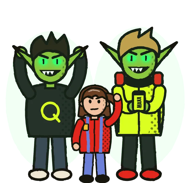 Goblin Mode: two pixel art goblins and a kid in a red jacket