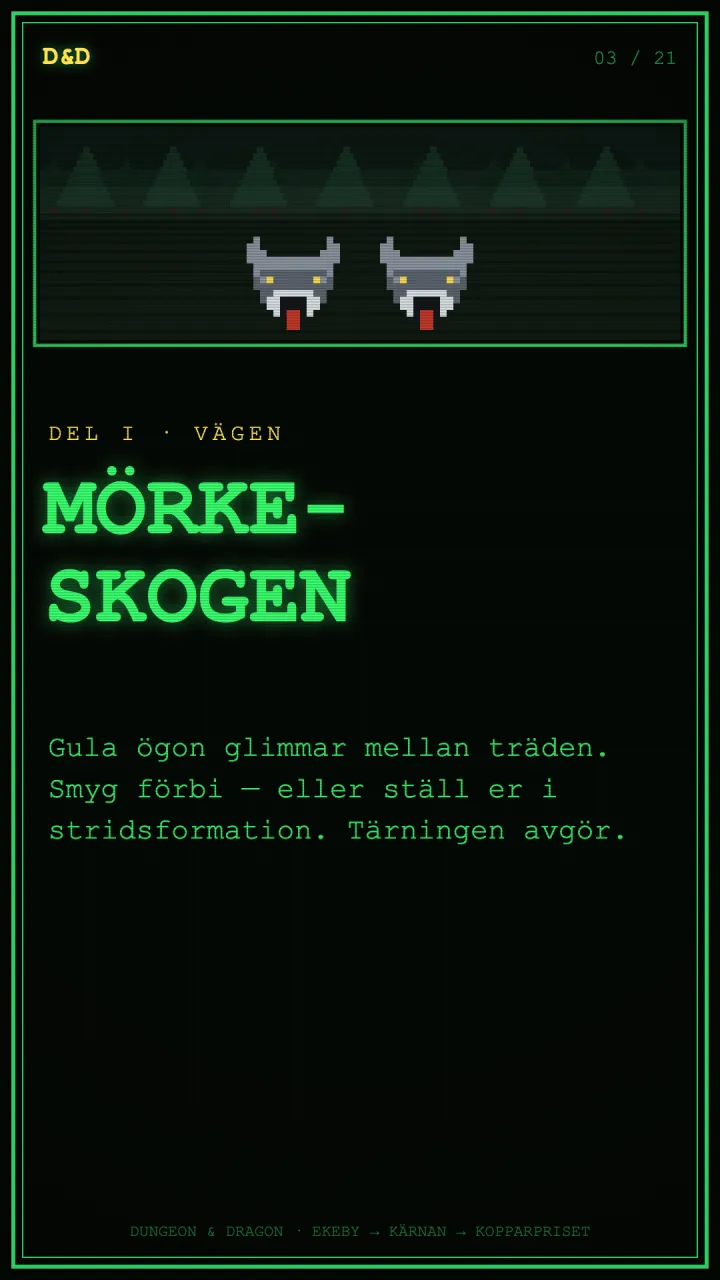 CRT-affisch: MÖRKESKOGEN med två vargar mellan träden.