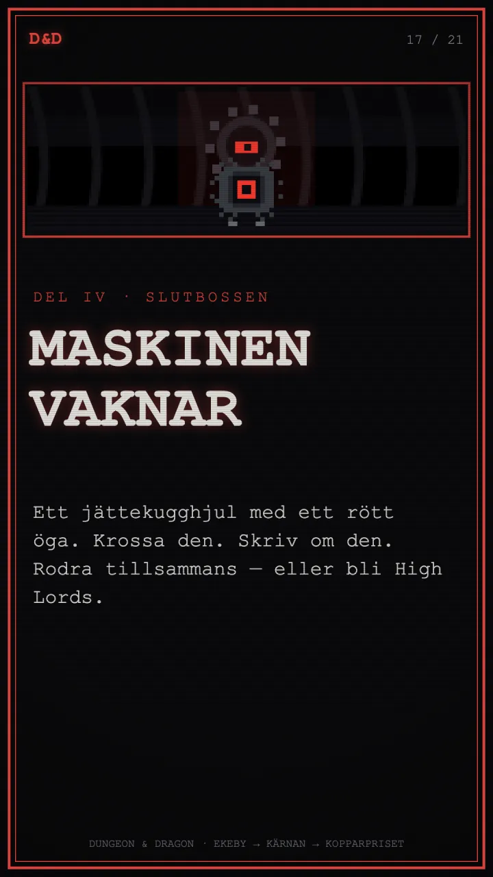 CRT-affisch: MASKINEN VAKNAR, ett jättekugghjul med ett rött öga.